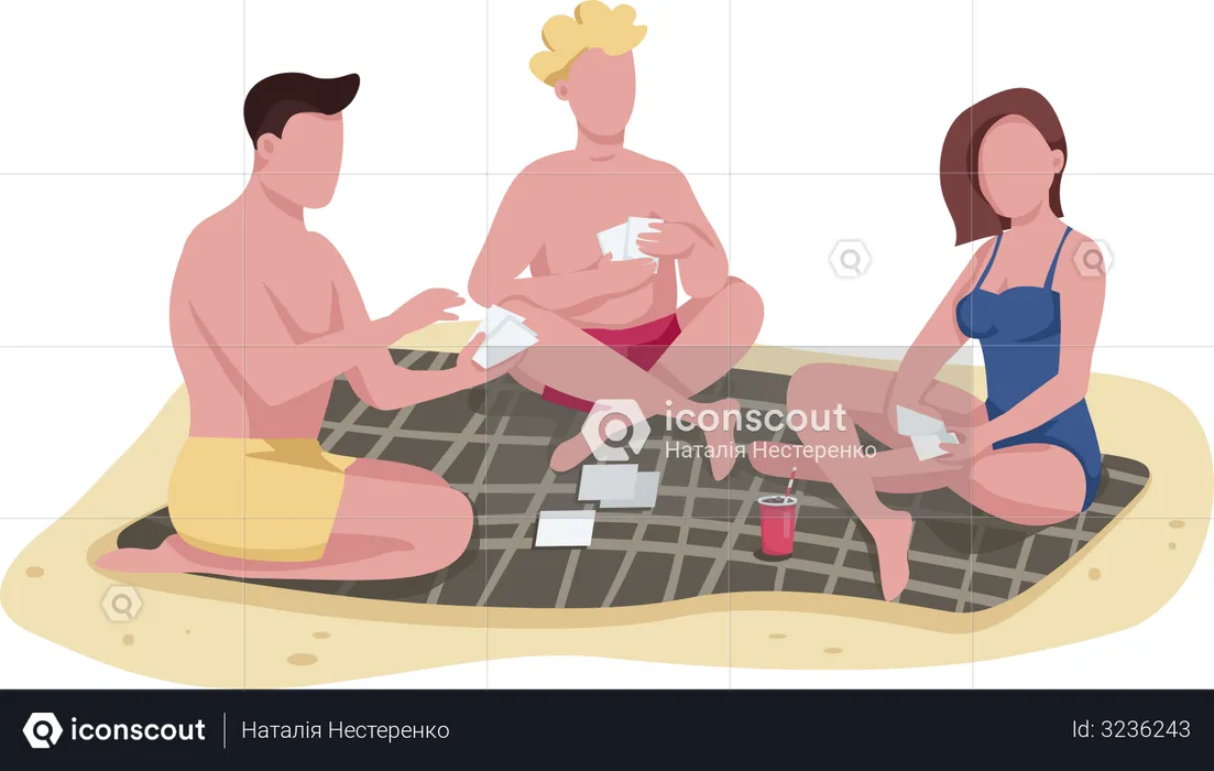 Amis, jouer aux cartes sur la plage  Illustration