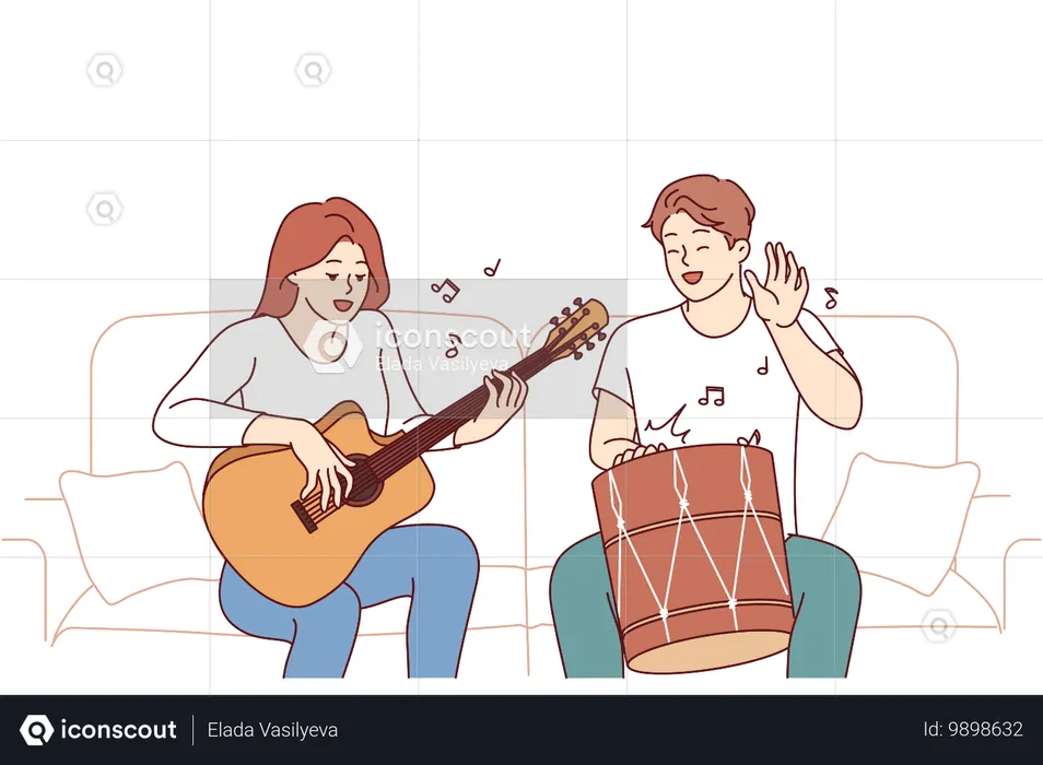 Amis joyeux jouant des instruments de musique assis sur un canapé et utilisant du tambour avec de la guitare  Illustration