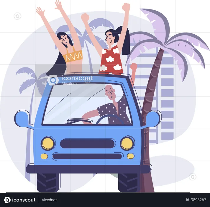 Amis profitant d'un voyage en voyageant en voiture  Illustration