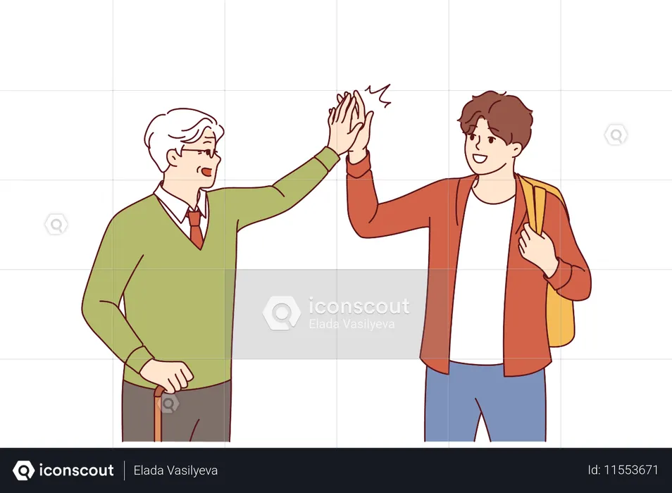 Amizade intergeracional entre adolescente e velho dando high-fives um ao outro como sinal de solidariedade  Ilustração