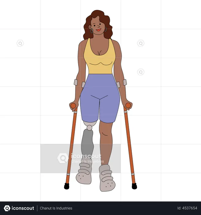 Amputated woman walking with crutches  Illustration