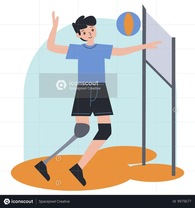 Amputee man athlete playing volleyball  Illustration