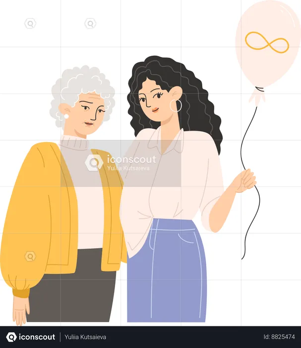 An elderly woman and a young woman are hugging and holding a balloon with a golden infinity symbol for Autism Awareness Day  Illustration