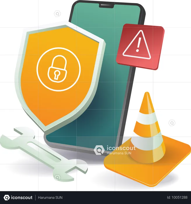 An image of a phone with a shield, traffic cone, and wrench  Illustration