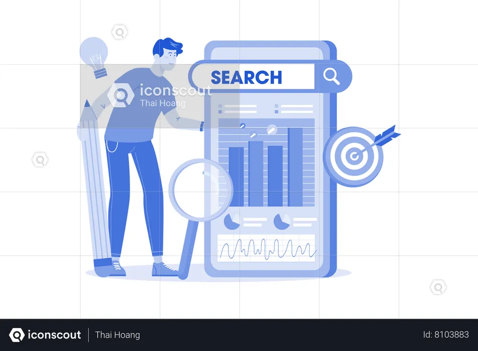 An SEO specialist analyzes website analytics to improve search engine rankings  Illustration