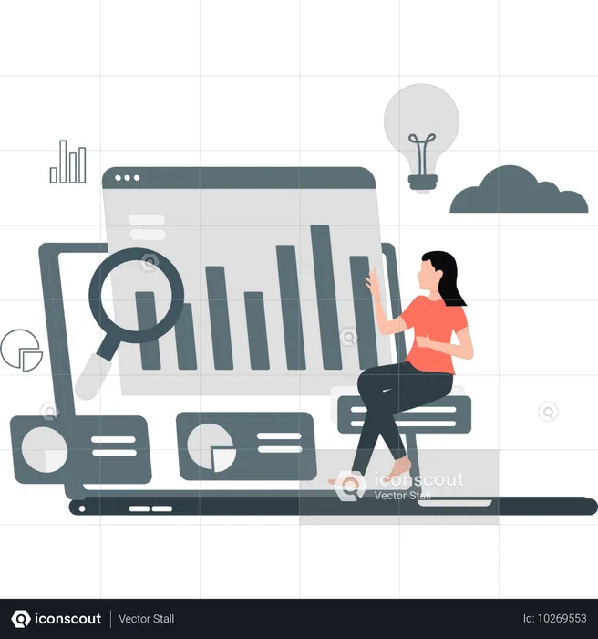 Análisis empresarial que realiza investigaciones sobre el panel de informes de monitoreo web  Ilustración