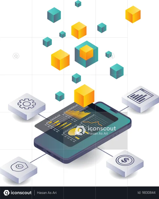 Analistas de dados analisando dados de negócios na tecnologia blockchain  Ilustração