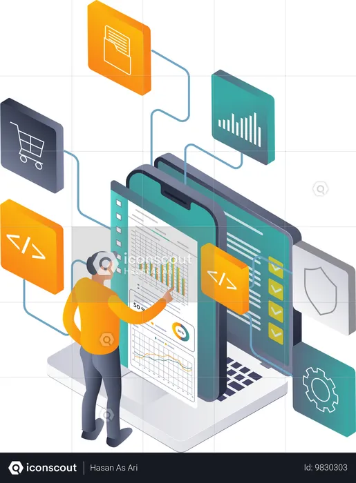 Homme effectuant une analyse de données réseau dans les applications pour smartphones et la technologie informatique  Illustration