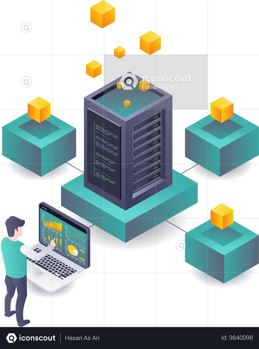 Travailleurs traitant l'analyse des données de la technologie de serveur blockchain  Illustration