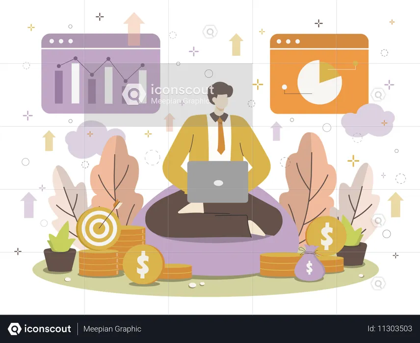 Analytical businessman using laptop for financial growth insights  Illustration