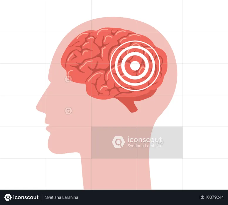 Anatomía del cerebro. Cabeza humana de perfil con cerebro rojo en su interior. Dolor de cabeza. Símbolo de migraña aislado sobre fondo blanco  Ilustración