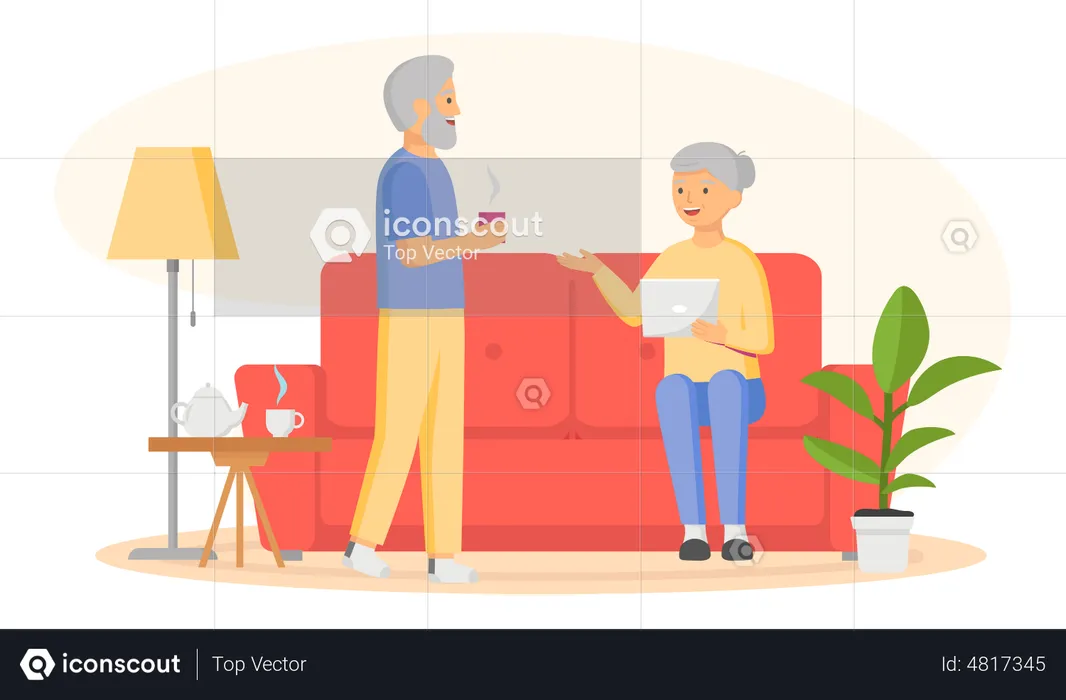 Anciana con tableta sentada en el sofá y anciano sosteniendo café  Ilustración