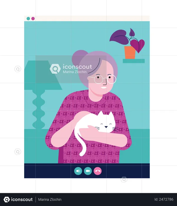 Anciana sosteniendo un gato en la mano y charlando por videollamada  Ilustración