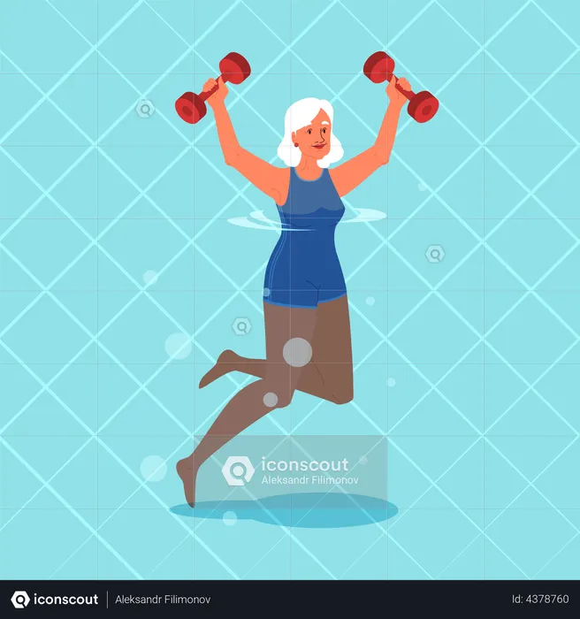 Anciana haciendo ejercicio con mancuernas en la piscina  Ilustración