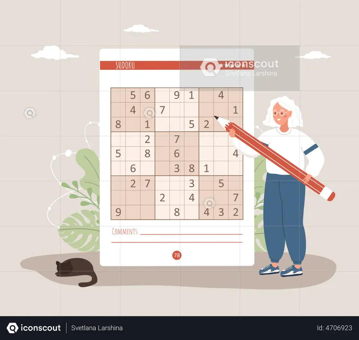 Anciana jugando al juego Sudoku  Ilustración