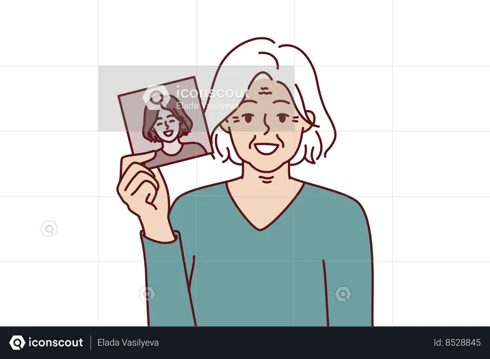 Una anciana de pelo gris muestra su propia foto antigua  Ilustración