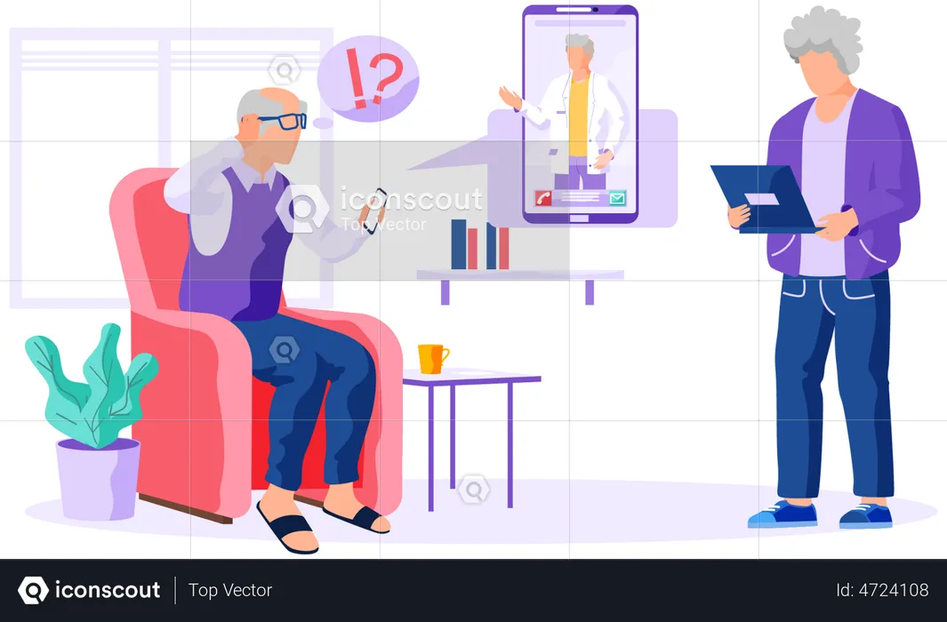 Un anciano charlando por videollamada y una mujer trabajando en una computadora portátil  Ilustración
