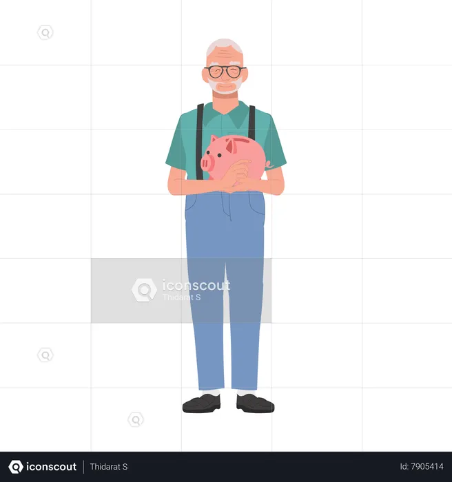 Feliz anciano sosteniendo alcancía  Ilustración