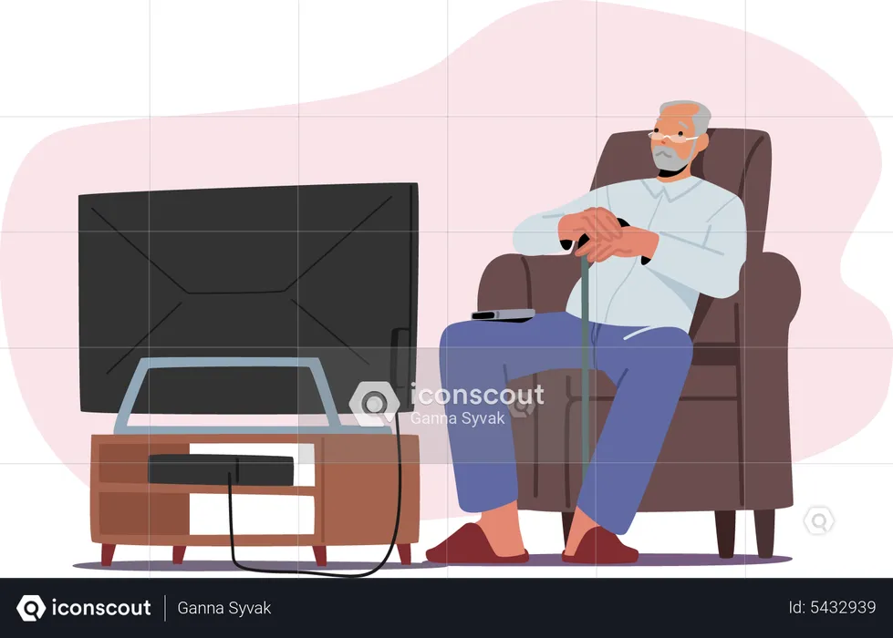 Viejo viendo televisión, personaje masculino mayor sentado en un cómodo sillón divirtiéndose, relajación, abuelo solitario  Ilustración