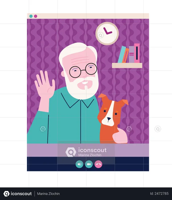 Anciano renunciando a su mano en video chat  Ilustración