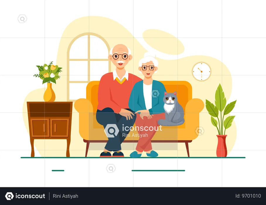 Ciudadano mayor sentado en un sofá en casa  Ilustración