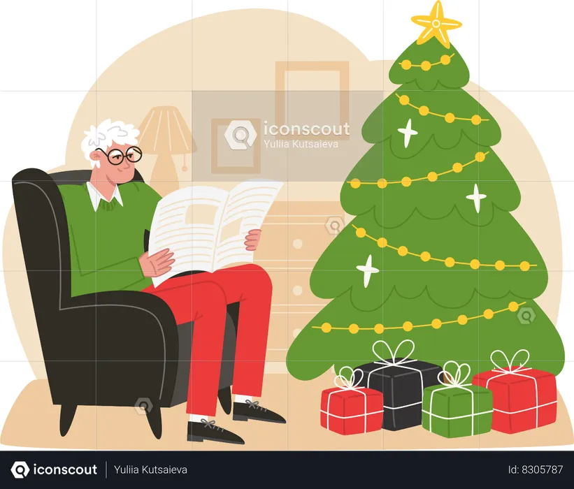 Un anciano se sienta en un sillón cerca del árbol de Navidad y lee un periódico  Ilustración