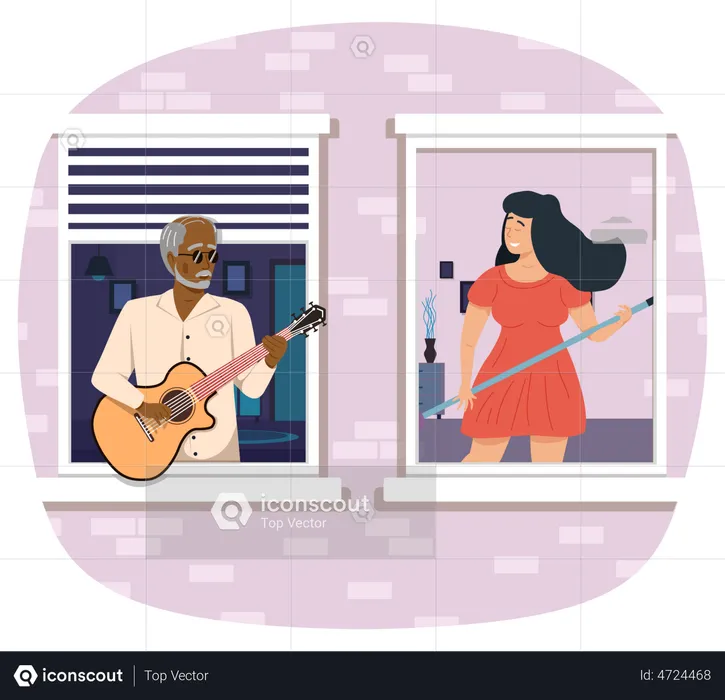 Anciano toca la guitarra y una chica guapa disfrutándola  Ilustración