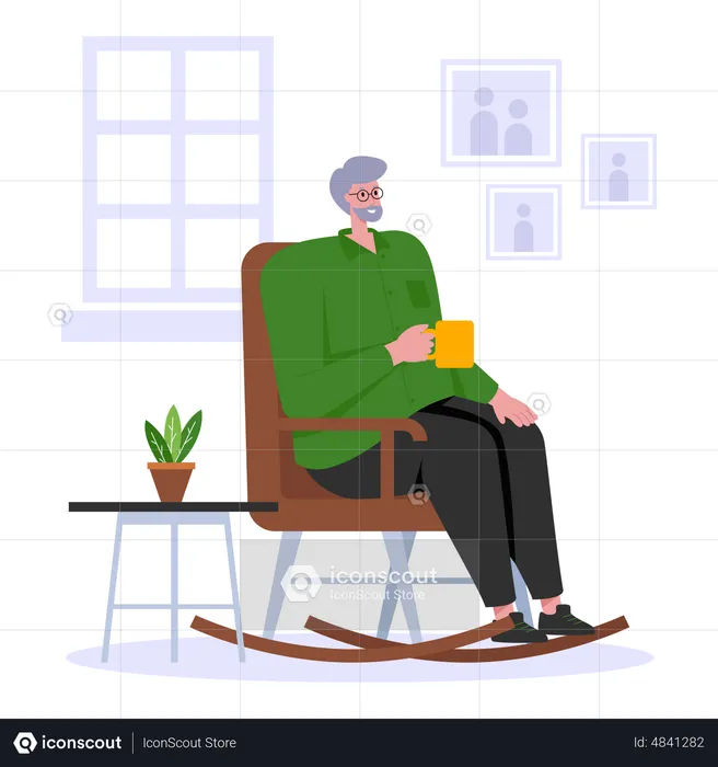 Anciano tomando café mientras está sentado en una mecedora  Ilustración