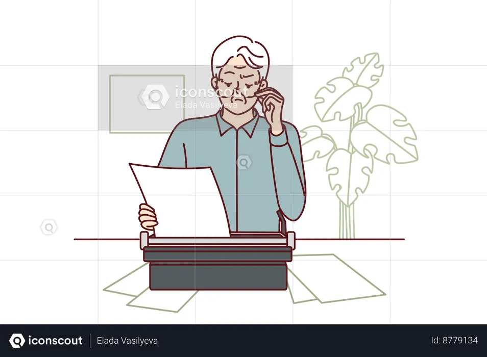 Anciano usa máquina de escribir  Ilustración