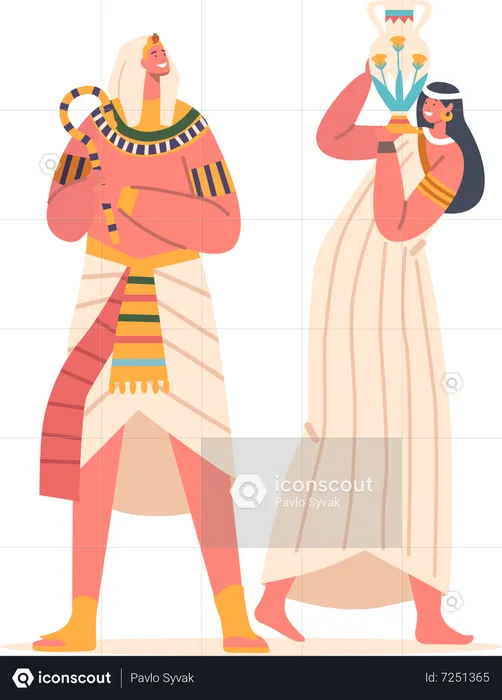 Ancient Egyptians Pharaoh And Woman With Jug Stand Together  Illustration