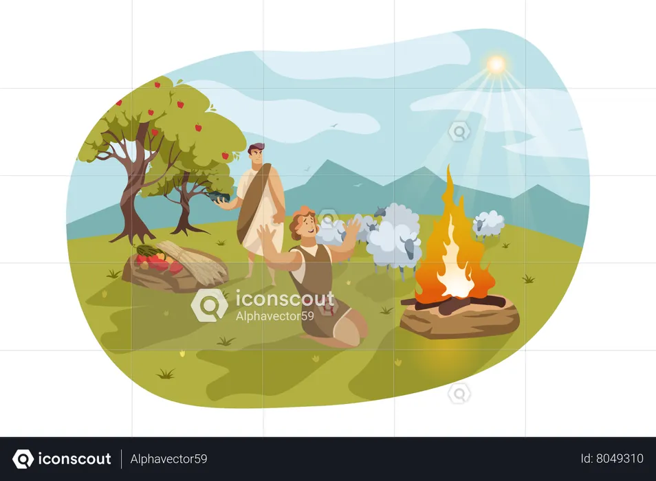 Ancient man celebrating by starting fire  Illustration