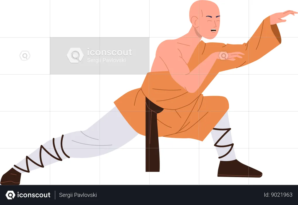 Ancient muscular Shaolin monk standing in kung fu fighting position  Illustration