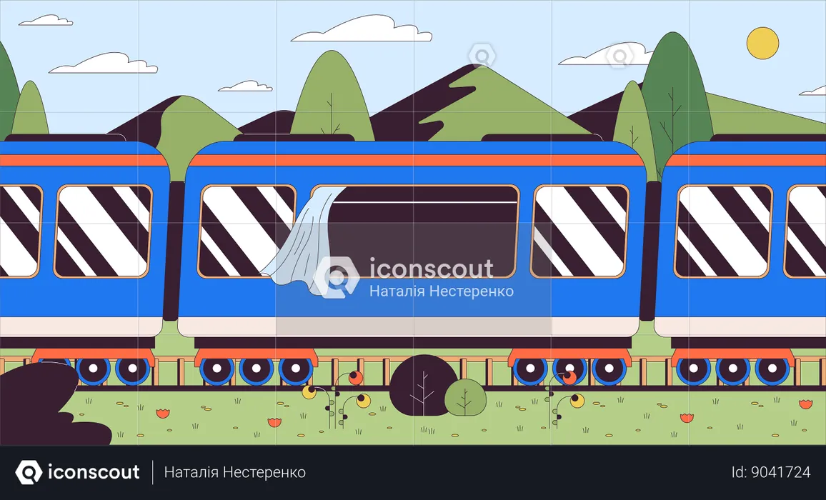 Passeio de trem pelas exuberantes montanhas de grama  Ilustração