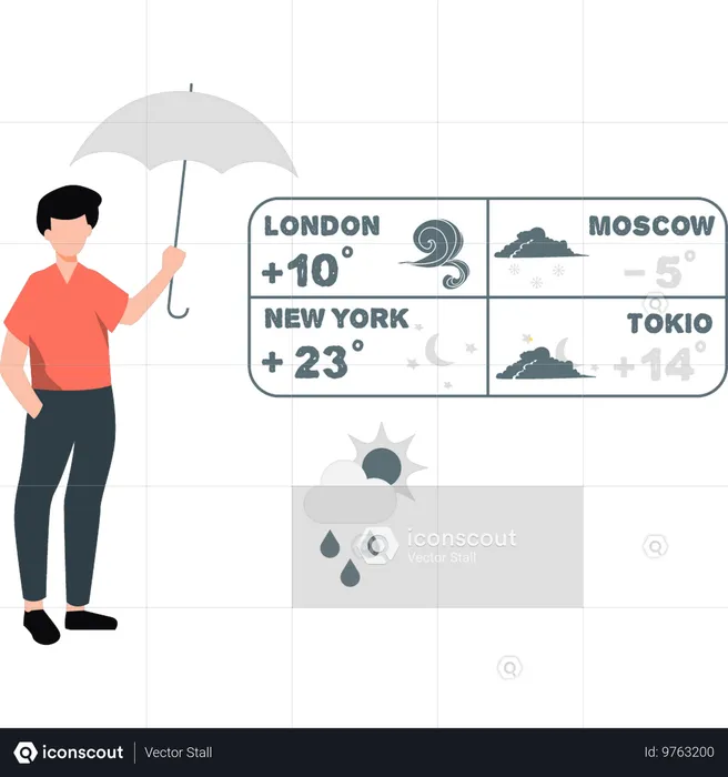 Anfitrião masculino fornece atualizações meteorológicas segurando guarda-chuva  Ilustração