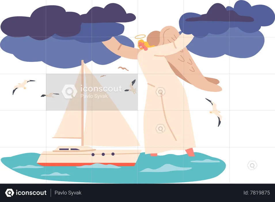 Angel ensuring safety of yacht as it sails  Illustration