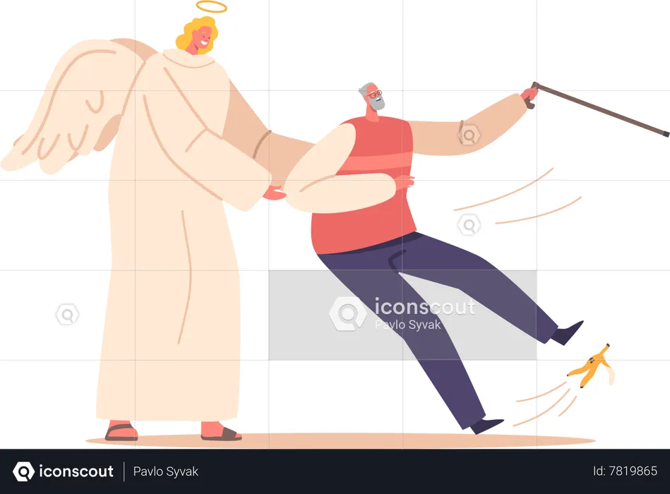Angel guardian catching elderly Man as he slips on banana peel  Illustration