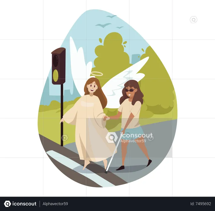 Angel help blind girl to crossing road  Illustration