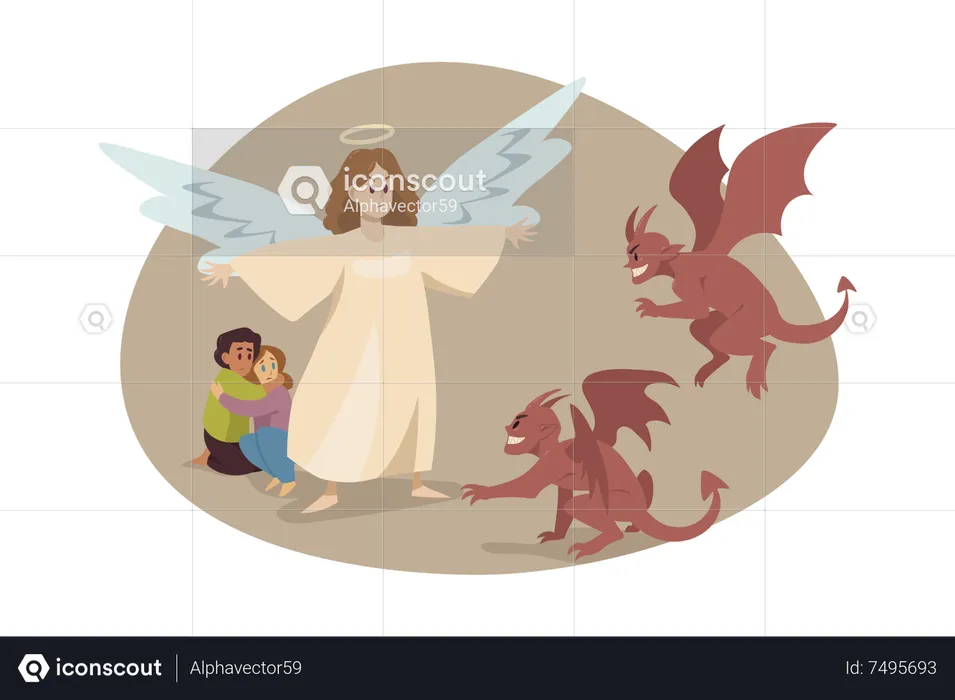 Angel savings couple life from monsters  Illustration