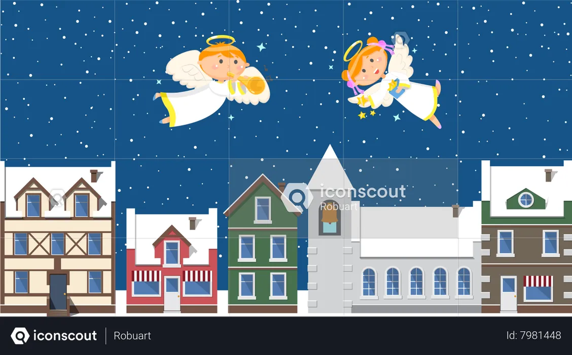 Anges de Noël au-dessus de la ville dans le ciel  Illustration