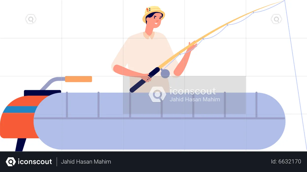 Fischer, der auf einem Schlauchboot steht und angelt  Illustration
