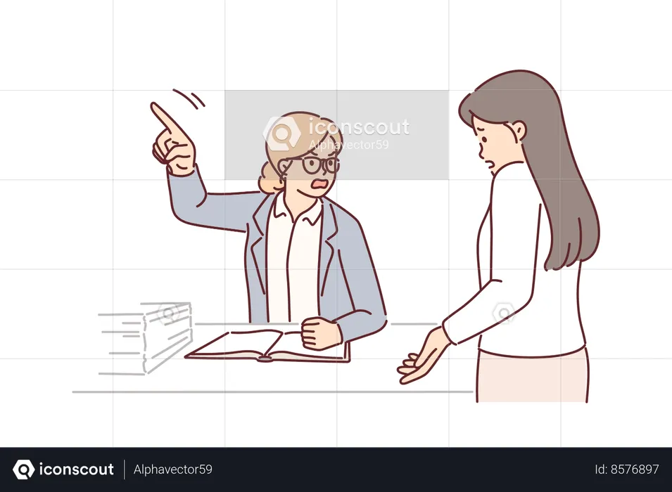 Angry boss fires employee sitting at table  Illustration