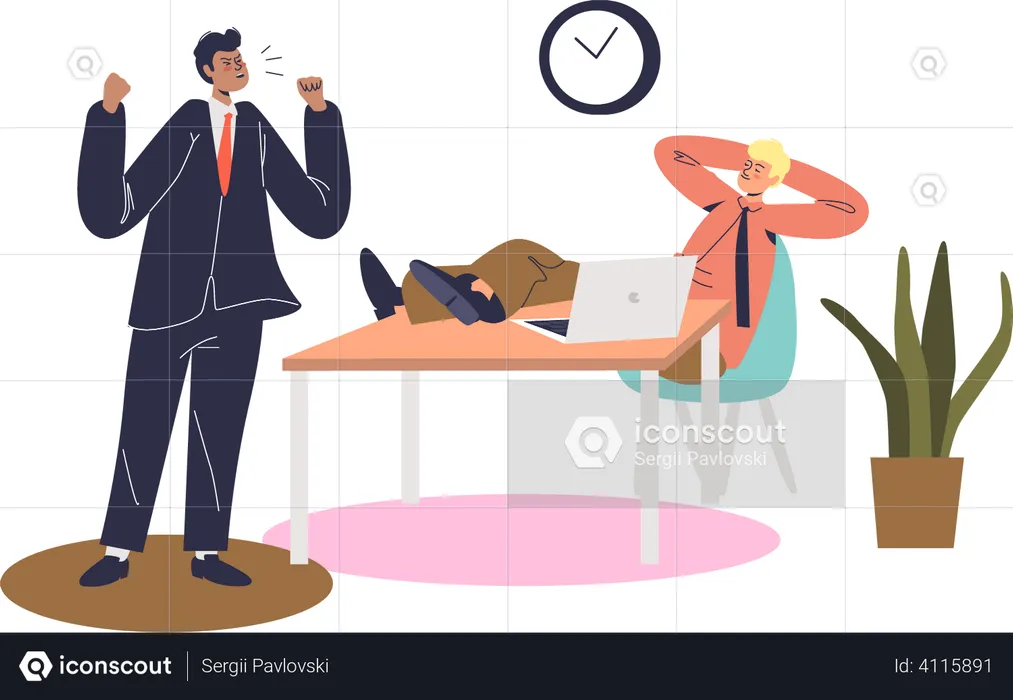 Angry boss shouting at lazy employee  Illustration