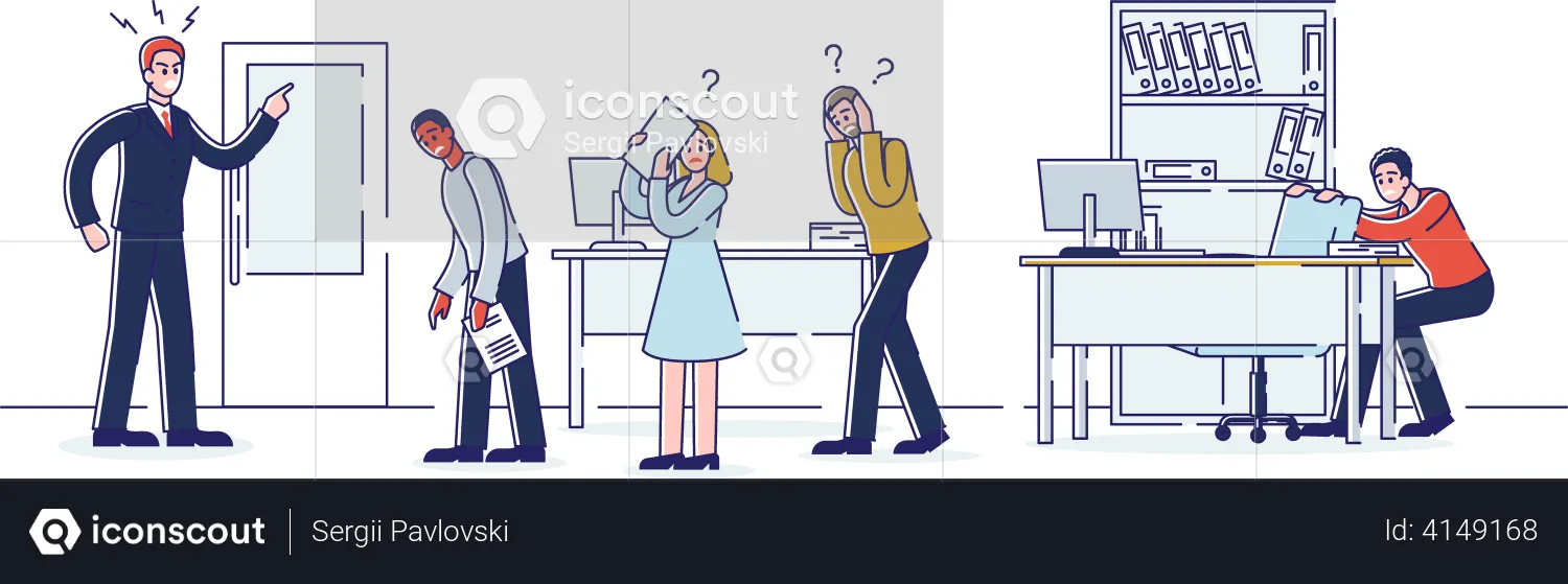 Angry boss shouting at lazy employees team  Illustration