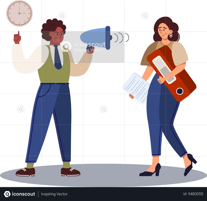 Angry boss showing clock to employee  Illustration
