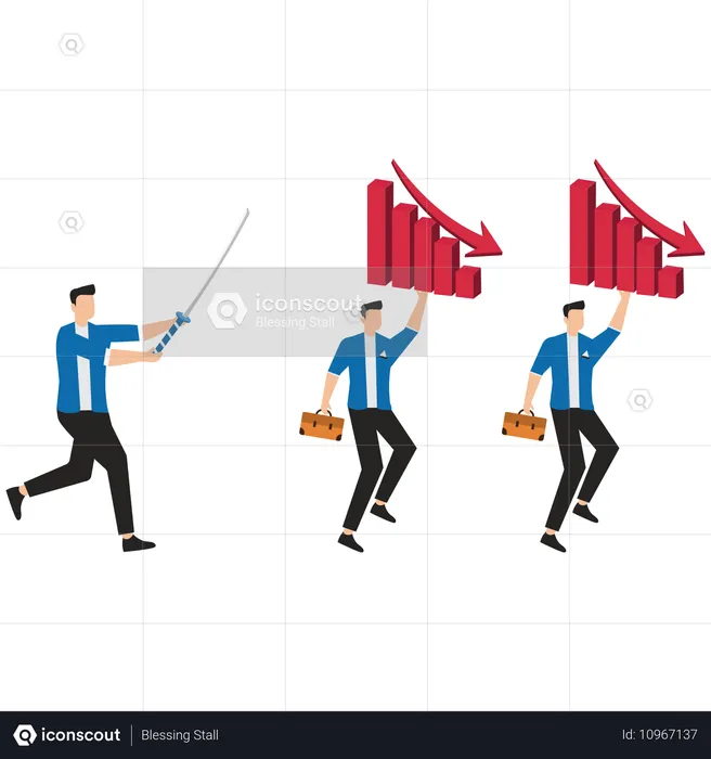 Angry Boss with sword chasing after employees with declining marketing performance  Illustration