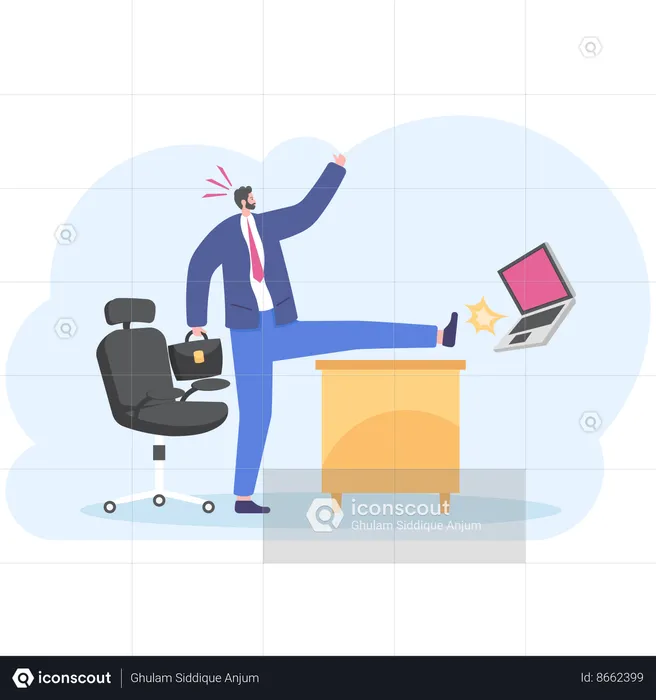 Angry businessman kicking computer  Illustration