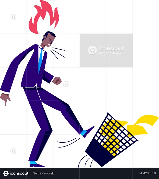 Angry businessman kicking dust bin  Illustration