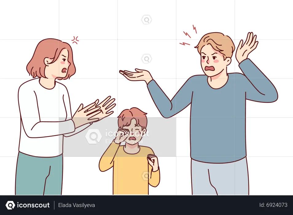 Angry Couple fighting and son crying  Illustration