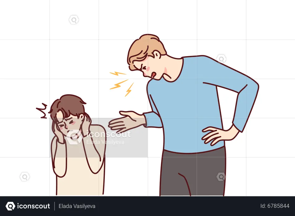 Angry Dad Scold Son Closing Ears With Hands  Illustration