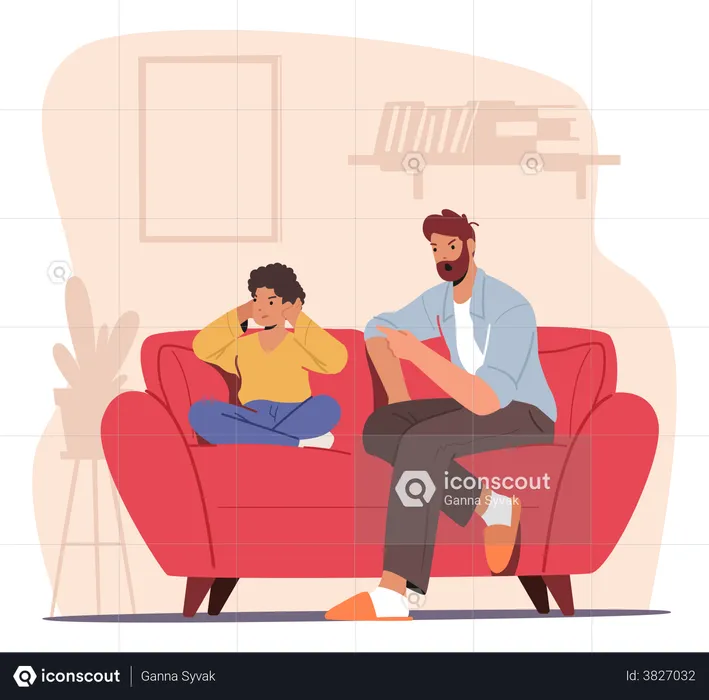 Angry Dad Sit On Couch Scold Son Closing Ears With Hands  Illustration